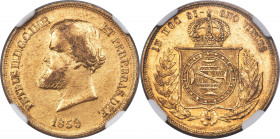 Pedro II gold 10000 Reis 1859 AU53 NGC, Rio de Janeiro, KM467, LMB-649. The lowest mintage date of the decade for the type, with only 15,684 struck. M...