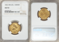 Pedro II gold 10000 Reis 1863 AU53 NGC, Rio de Janeiro mint, KM467, LMB-651. Brass gold in color, with potent residual luster and sharp detail remaini...