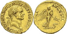 Vespasien (69-79) 
 Aureus - Lyon (72)
 Très rare dans cette qualité.
 Exemplaire provenant du trésor de Cumes (1868), collection Carlo Strozzi ven...