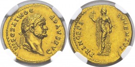 Domitien (81-96) 
 Aureus - Rome (74)
 Très rare et magnifique exemplaire - De très bon style.
 Exemplaire de la vente Vinchon du 20 novembre 1992,...