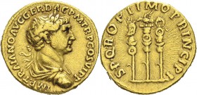 Trajan (98-117)
 Aureus - Rome (112-114)
 Exemplaire de la vente Vinchon du 23 mars 1979, N°8.
 Cal. manque cf. 1118 et 1119
 Petite rayure sur la...