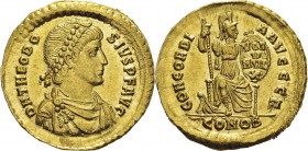 Théodose Ier (379-395) 
 Solidus - Constantinople (383-388) 
 D’une qualité exceptionnelle.
 Infime nettoyage.
 FDC
 1.500 / 2.000
