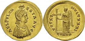 Pulchérie (414-453)
 Solidus - Constantinople (414-453) 
 Rarissime et d’une qualité remarquable.
 Petite trace d’essayage sur la tranche.
 Exempl...