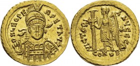 Léon Ier (457-474)
 Solidus - Constantinople (471-473) 
 Très légère rayure à l’avers.
 FDC
 1.000 / 1.500