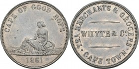 Afrique du Sud
 Colonie du Cap (1652-1910) 
 1/2 penny - 1861
 Whyte & Cie.
 Très rare dans cette qualité. 
 Pratiquement FDC - NGC MS 63 BN
 40...