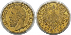 Allemagne - Empire (1871-1918) 
 Bade - Frédéric Ier (1852-1907)
 10 marks or - 1897 G Stuttgart. 
 Superbe à FDC - PCGS MS 62
 300 / 400