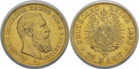 Allemagne - Empire (1871-1918) 
 Prusse - Frédéric III (1888)
 20 marks or - 1888 A Berlin. 
 Pratiquement FDC - PCGS MS 64
 300 / 400
