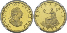 Angleterre
 Georges III (1760-1820)
 Epreuve en cuivre doré sur flan bruni du 1/2 penny - 1799
 Magnifique exemplaire.
 Flan Bruni - NGC PF 64 ULT...