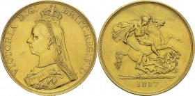 Angleterre 
 Victoria (1837-1901) 
 5 souverains or - 1887 
 Important nettoyage. TTB à Superbe
 1.600 / 1.800