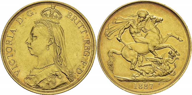 Angleterre 
 Victoria (1837-1901) 
 2 souverains or - 1887 
 Nettoyé.
 Super...