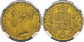 Angleterre 
 Victoria (1837-1901) 
 1 souverain or - 1853 WW en relief.
 Rare dans cette qualité. Pratiquement FDC - NGC MS 63
 600 / 700
