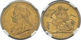 Australie 
 Victoria (1837-1901)
 1 souverain or - 1901 S Sydney. 
 Rare dans cette qualité.
 Pratiquement FDC - NGC MS 64
 1.200 / 1.400