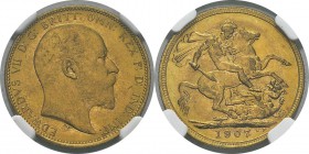 Australie
 Edouard VII (1901-1910)
 1 souverain or - 1907 M Melbourne. 
 Rare dans cette qualité.
 Pratiquement FDC - NGC MS 64
 600 / 700