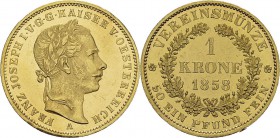 Autriche
 François Joseph (1848-1916)
 1 couronne or - 1858 A Vienne. 
 Très rare en prooflike.
 Pratiquement FDC - NGC MS 63+ PL prooflike
 8.00...