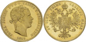 Autriche
 François Joseph (1848-1916)
 Epreuve en or sur flan bruni du 5 florins - 1855 A Vienne.
 D’une insigne rareté - 2 ou 3 exemplaires connus...