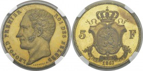 Belgique
 Léopold Ier (1831-1865)
 Epreuve en cuivre doré sur flan bruni du 5 francs - 1847 - Lambert.
 Tranche inscrite. Rare.
 Flan Bruni - NGC ...