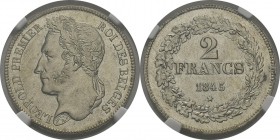 Belgique
 Léopold Ier (1831-1865)
 2 francs - 1843 - Tranche A - Légende de la tranche inclinée à droite.
 Léger nettoyage - Magnifique exemplaire....