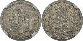 Belgique
 Léopold II (1865-1909)
 5 francs - 1866
 F de Francs suivi d’un point. 
 Année rare et de belle qualité. 
 Superbe - NGC AU 55
 500 / ...