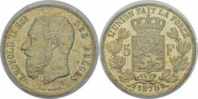 Belgique
 Léopold II (1865-1909)
 Epreuve en nickel du 5 francs - 1870 
 Tranche inscrite.
 D’une insigne rareté.
 Exemplaire de la collection de...