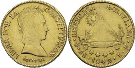 Bolivie
 République (1825 à nos jours)
 8 escudos or - 1842 LR PTS Potosi. 
 Infime nettoyage.
 Superbe
 1.200 / 1.400