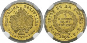 Bolivie
 République (1825 à nos jours)
 1 escudo or - 1868 FE PTS Potosi. 
 Seule année pour le type.
 Très rare dans cette qualité.
 Pratiquemen...