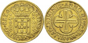 Brésil
 Pierre II (1683-1706)
 4000 reis or - 1699 Rio. 
 Petites rayures.
 TTB à Superbe
 500 / 600
