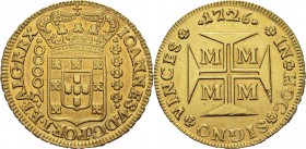 Brésil
 Jean V (1706-1750)
 20000 reis or - 1726 M Minas Gerais. 
 Magnifique exemplaire.
 Anciennement serti.
 Superbe - NGC AU Details rem. fro...