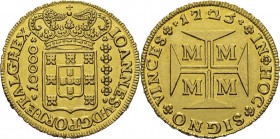 Brésil
 Jean V (1706-1750)
 10000 reis or - 1725 M Minas Gerais.
 Magnifique exemplaire - Infime nettoyage au revers. 
 Superbe à FDC
 5.000 / 6....
