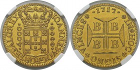 Brésil
 Jean V (1706-1750)
 4000 reis or - 1717 B Bahia. 
 D’une qualité exceptionnelle. 
 Pratiquement FDC - NGC MS 63
 2.500 / 3.000