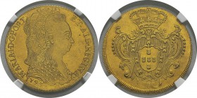 Brésil
 Marie Ière (1786-1799) 
 6400 reis or - 1793 B Bahia.
 D’une grande rareté - Le seul exemplaire en « GEM ». FDC - NGC MS 65
 2.000 / 2.500...