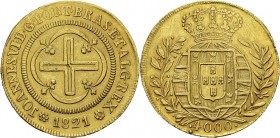 Brésil
 Jean VI (1816-1822)
 4000 reis or - 1821/0 R Rio. 
 Nettoyé - Rare.
 Superbe
 700 / 900