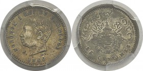 Cambodge
 Norodom Ier (1860-1904) Essai du 25 centimes - 1860 E. 
 Rarissime.
 Frappe d’Epreuve - PCGS SP 58
 500 / 600