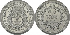 Cambodge
 Norodom Sihanouk (1941-1955) 
 Essai du 50 cent. aluminium - 1953 
 Très rare - 1200 exemplaires.
 FDC - NGC MS 65
 100 / 150