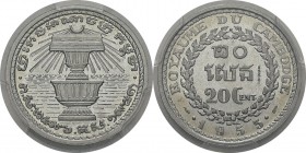 Cambodge
 Norodom Sihanouk (1941-1955) 
 Essai du 20 cent. aluminium - 1953 
 Très rare - 1200 exemplaires.
 Frappe d’Epreuve - PCGS SP 67
 100 /...