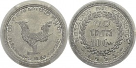 Cambodge
 Norodom Sihanouk (1941-1955)
 10 cent. - 1953 Paris. 
 Qualité exceptionnelle.
 FDC Exceptionnel - PCGS MS 67
 80 / 100