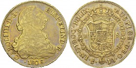 Chili
 Charles IV (1788-1808)
 8 escudos or - 1808 FJ So Santiago. 
 Magnifique exemplaire.
 Superbe
 1.200 / 1.400