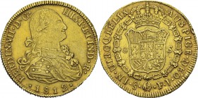 Chili
 Ferdinand VII (1808-1818)
 8 escudos or - 1812 FJ So Santiago. Point entre F et J.
 Petit choc sur la tranche - Magnifique exemplaire. 
 Su...