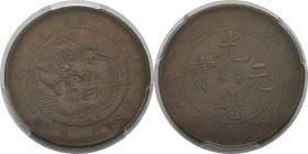 Chine - Empire - Kiangsu 
 Kuang-hsü (1875-1908)
 10 cash - (1902).
 Très rare.
 Pratiquement FDC - PCGS MS 64 BN
 300 / 400