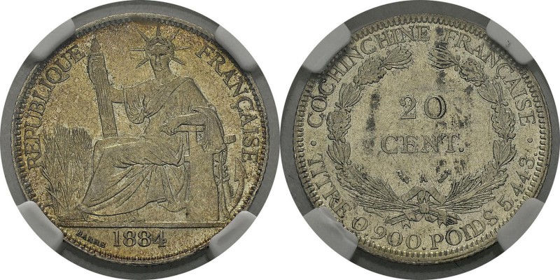Cochinchine
 20 cent. - 1884 A Paris. 
 Superbe - NGC AU 50
 100 / 200