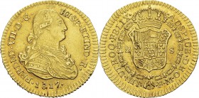 Colombie
 Ferdinand VII (1808-1818)
 2 escudos or - 1817 FM P Popayan. 
 Léger nettoyage.
 Superbe
 400 / 500