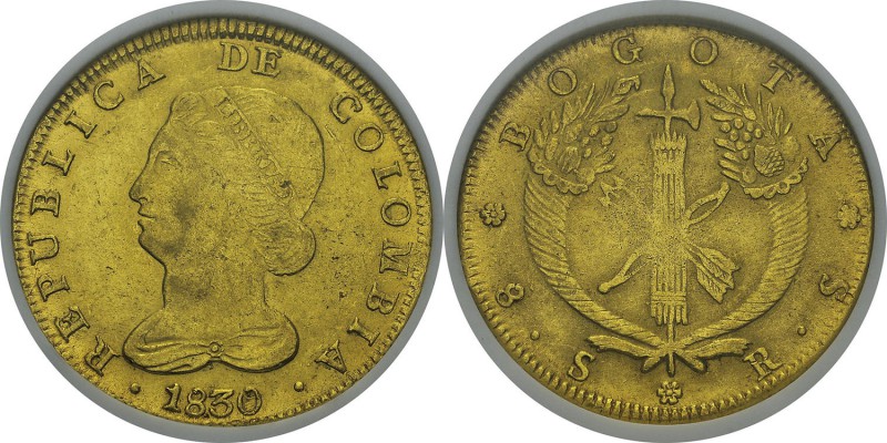 Colombie
 République de Colombie (1821-1837) 
 8 escudos or - 1830 RS Bogota....