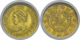 Colombie
 République de Colombie (1821-1837) 
 1 peso or - 1825 JF Bogota.
 Magnifique exemplaire.
 Pratiquement FDC - NGC MS 63
 300 / 400