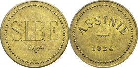 Côte d’Ivoire - Assinie
 Monnaie de nécessité en laiton S.I.B.E. (Société de bois ivoiriens ?) - 1924
 Superbe à FDC
 50 / 100