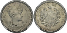 Cuba
 Pré-République (1898-1902) 
 1 peso « date espacée » - 1897
 Magnifique exemplaire - 828 exemplaires.
 Superbe à FDC - NGC MS 62
 400 / 600...