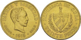 Cuba
 Première République (1902-1962)
 20 pesos or - 1915 
 Légèrement nettoyé. Superbe à FDC
 1.200 / 1.400