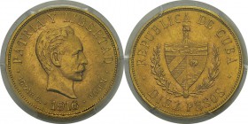 Cuba
 Première République (1902-1962)
 10 pesos or - 1916 
 Qualité remarquable.
 Pratiquement FDC - PCGS MS 64
 650 / 850