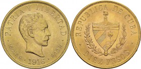 Cuba
 Première République (1902-1962)
 10 pesos or - 1916 
 Qualité remarquable. 
 Pratiquement FDC
 600 / 800