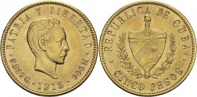 Cuba
 Première République (1902-1962)
 5 pesos or - 1915
 Superbe à FDC - NGC MS 62
 200 / 300