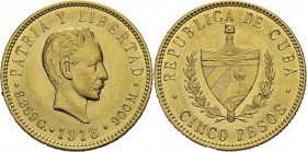 Cuba
 Première République (1902-1962)
 5 pesos or - 1916 
 Qualité remarquable.
 Pratiquement FDC - NGC MS 63
 300 / 400