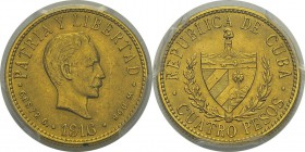 Cuba
 Première République (1902-1962)
 4 pesos or - 1916 
 Qualité remarquable.
 Pratiquement FDC - PCGS MS 63
 250 / 300